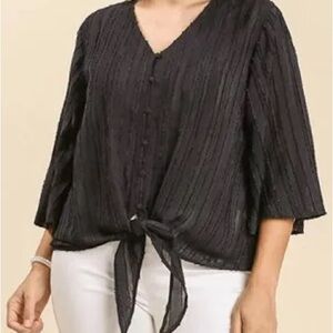 Umgee Black Textured Tie-Front Blouse